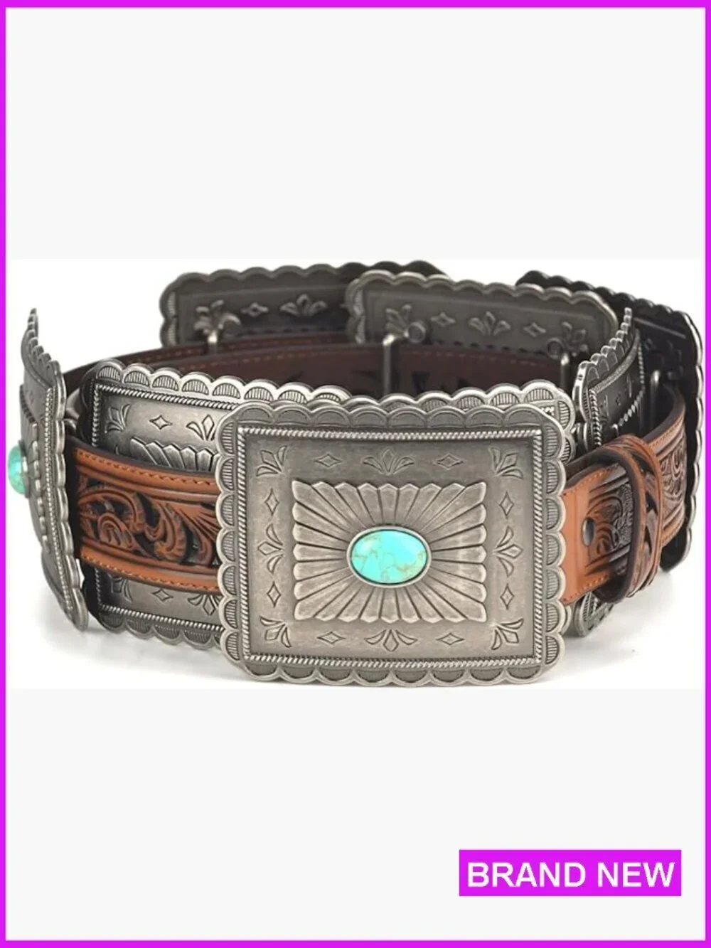 Western Belt with Turquoise Concho Accents Genuine Leather Tooled Embossing